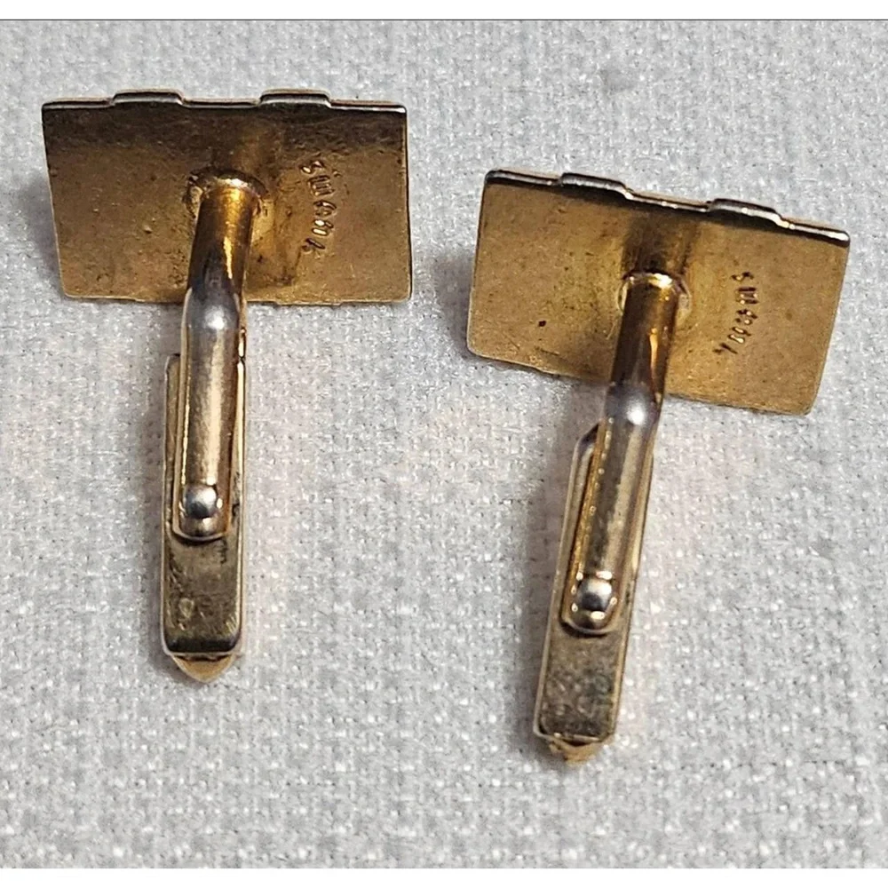 SWANK Vintage Rectangle Cufflinks‎ Gold Tone Navy Blue Stripe Detail Formalwear